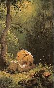 Carl Spitzweg Der Maler auf einer Waldlichtung, unter einem Schirm liegend oil painting artist